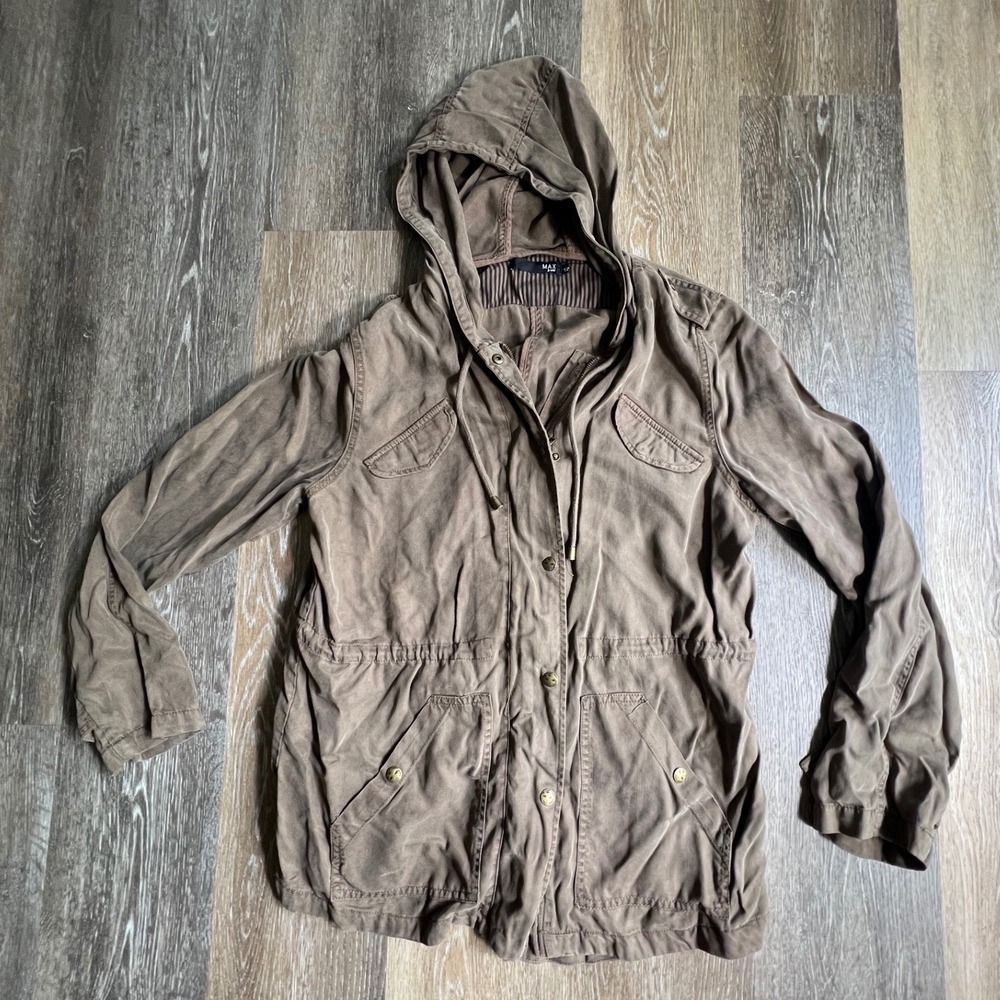 Max Jeans Utility Jacket Womens Large Brown Hooded Drawstring Waist Field‎ Coat